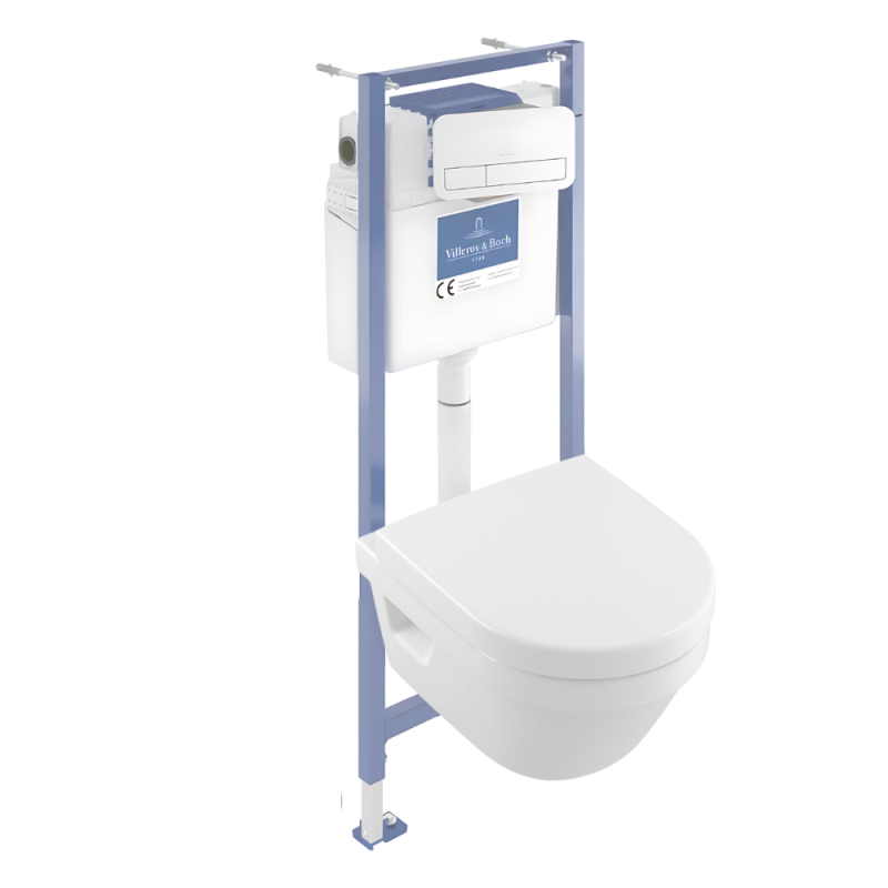 Présentation du Pack WC sans bride compact VILLEROY ET BOCH Architectura avec abattant frein de chute + bâti-support sol et mur 