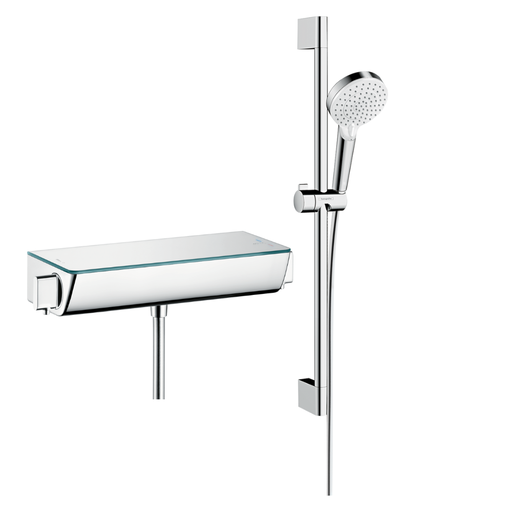 Mitigeur douche thermostatique HANSGROHE Ecostat Select EcoSmart chromé + pack pommeau de douche Croma 2 jets + flexible + barre