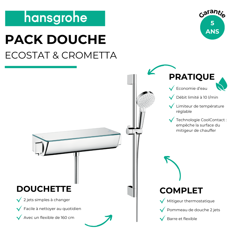 Avantages Mitigeur douche thermostatique HANSGROHE Ecostat Select EcoSmart chromé + pack pommeau de douche Croma 2 jets + flexib