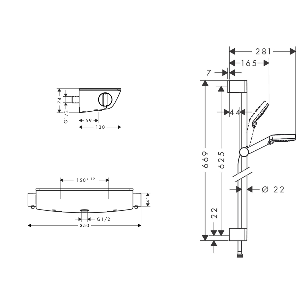 Schéma technique Mitigeur douche thermostatique HANSGROHE Ecostat Select EcoSmart chromé + pack pommeau de douche Croma 2 jets +