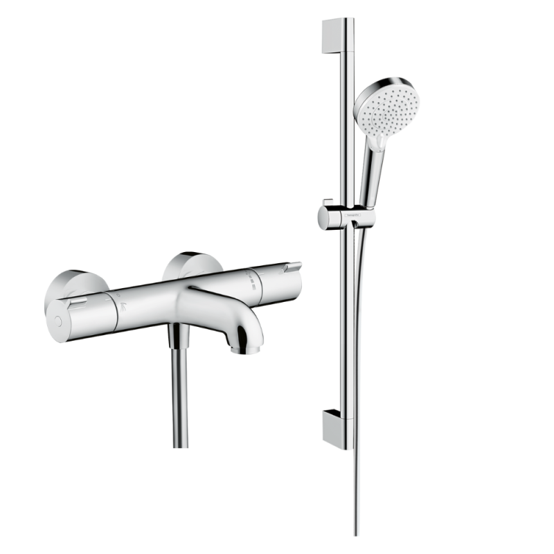 Mitigeur baignoire thermostatique HANSGROHE Ecostat 1001 CL chromé + pack pommeau de douche Croma 2 jets + flexible + barre
