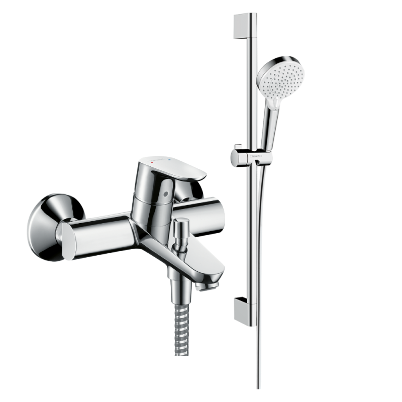 Mitigeur baignoire mécanique HANSGROHE Focus chromé + pack pommeau de douche Croma 2 jets + flexible + barre