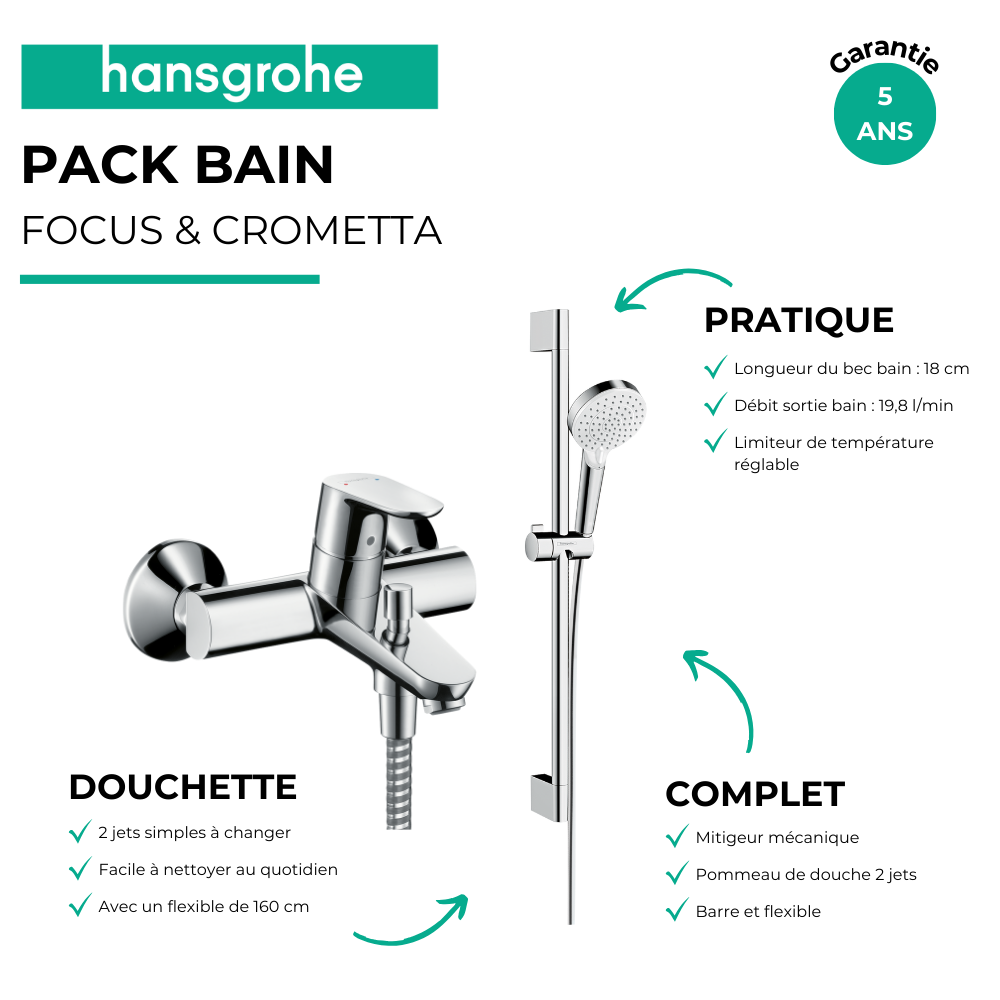 Avantages Mitigeur baignoire mécanique HANSGROHE Focus chromé + pack pommeau de douche Croma 2 jets + flexible + barre
