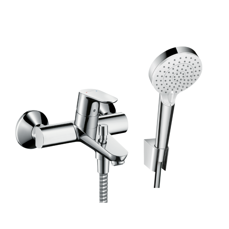 Mitigeur baignoire mécanique HANSGROHE Focus chromé + pack pommeau de douche Croma 2 jets + support + flexible