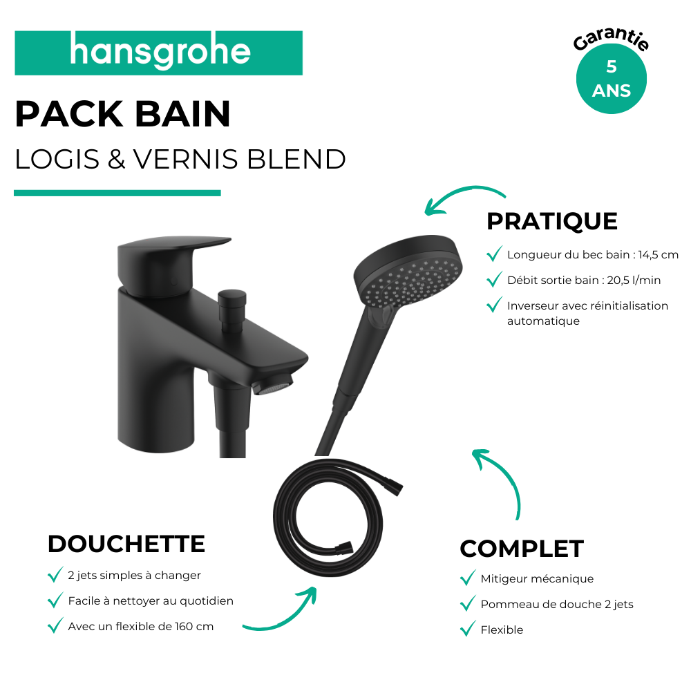 Avantages du Mitigeur baignoire mécanique HANSGROHE Logis C2 + pack pommeau Vernis Blend 2 jets EcoSmart + flexible Isiflex 160 