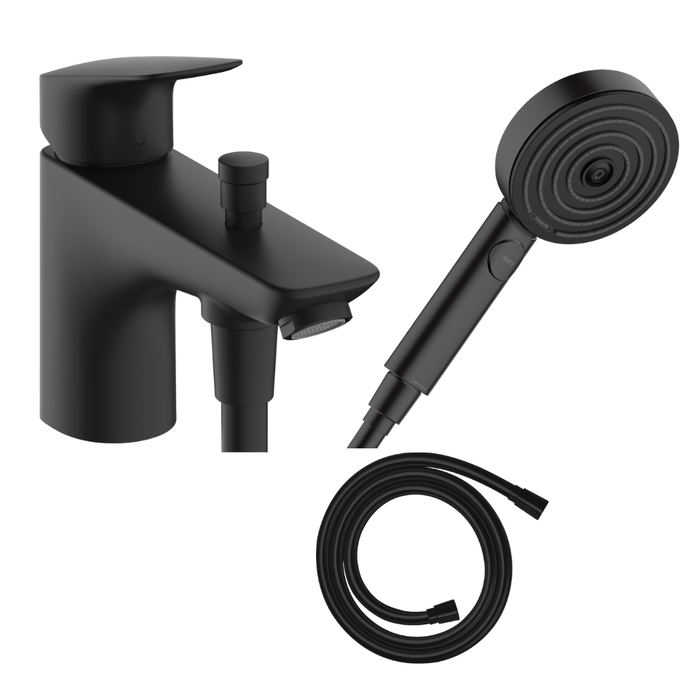 Mitigeur baignoire mécanique HANSGROHE Logis C2 + pack pommeau Pulsify Select 3 jets EcoSmart + flexible Isiflex 160 cm noir mat