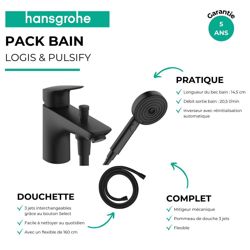 Avantages Mitigeur baignoire mécanique HANSGROHE Logis C2 + pack pommeau Pulsify Select 3 jets EcoSmart + flexible Isiflex 160 c