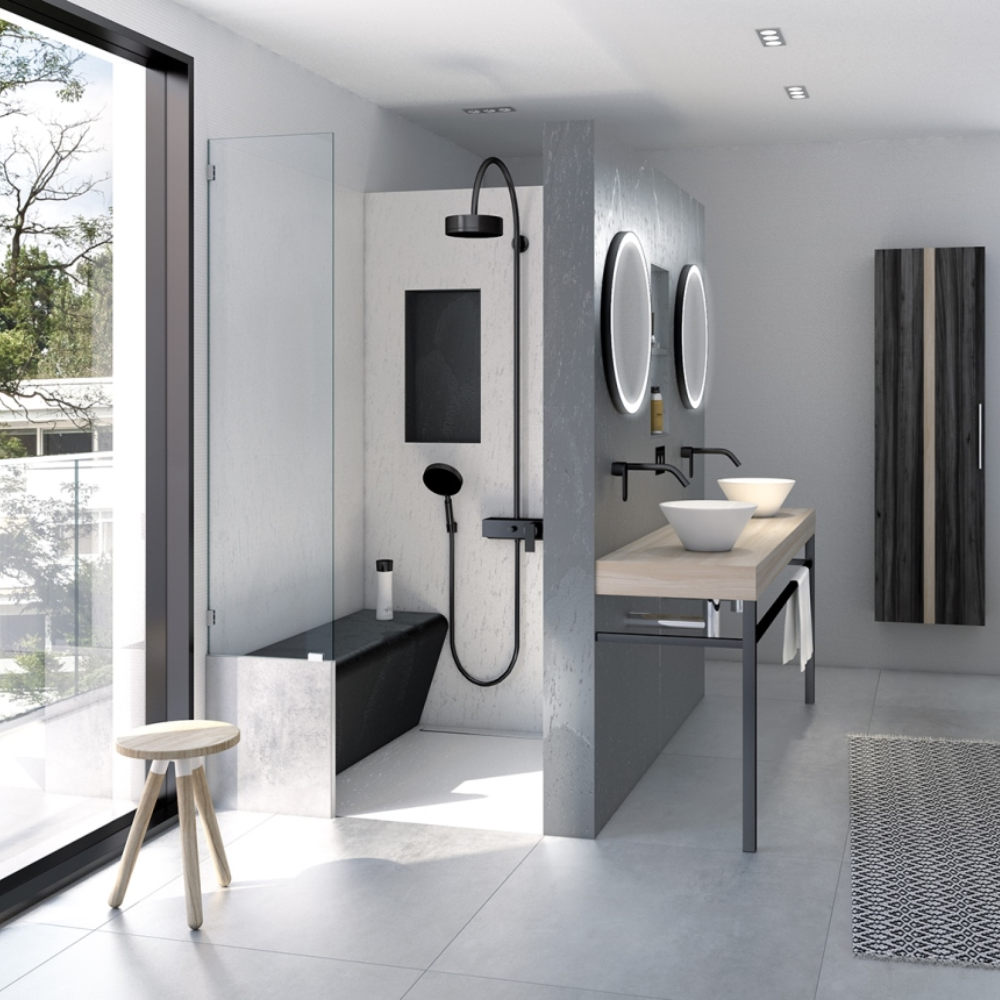 Revêtement TOP prêt-à-poser WEDI Sanoasa 3 concrete gris, stone gris, pure blanc et noir