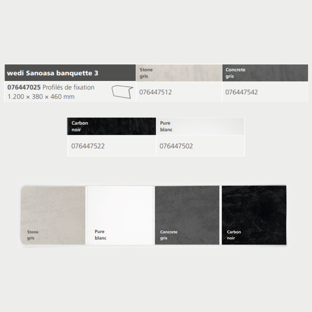 Revêtement TOP prêt-à-poser WEDI Sanoasa 3 concrete gris, stone gris, pure blanc et noir