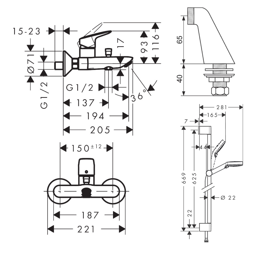 Schémas techniques Pack mitigeur bain douche HANSGROHE Logis + ensemble de douche HANSGROHE Crometta chromé avec colonnettes