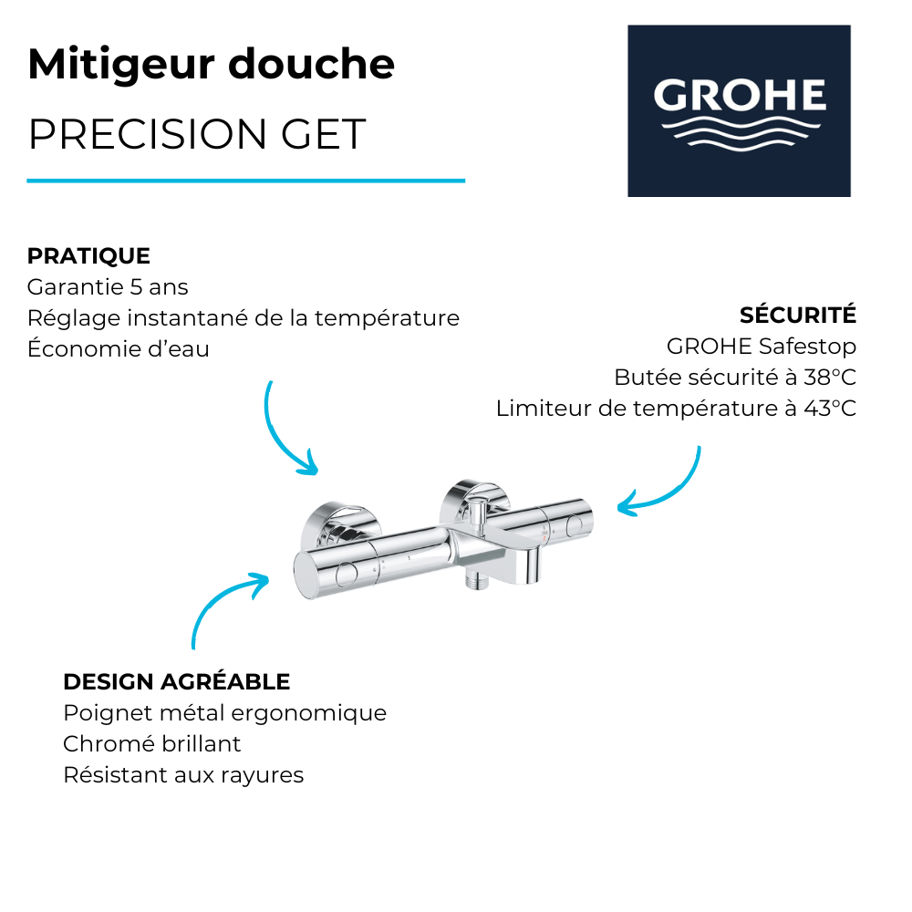 Mitigeur bain douche GROHE Precision Get avec douchette 3jets Vitalio Comfort 100 et flexible 175 cm | Batinea