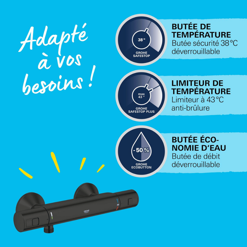 Mitigeur douche thermostatique GROHE Precision Start noir avec ou sans accessoires | Batinea