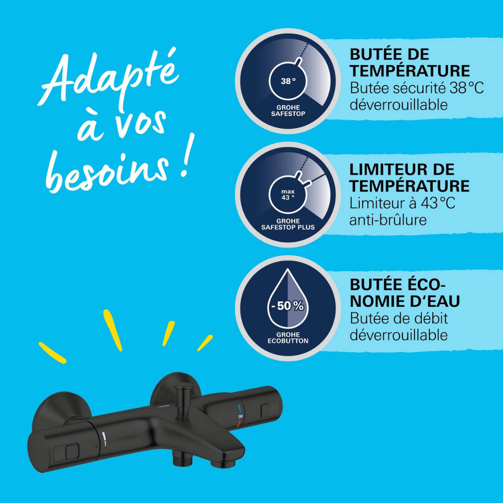 Mitigeur bain douche thermostatique GROHE Precision Start noir avec ou sans accessoires | Batinea
