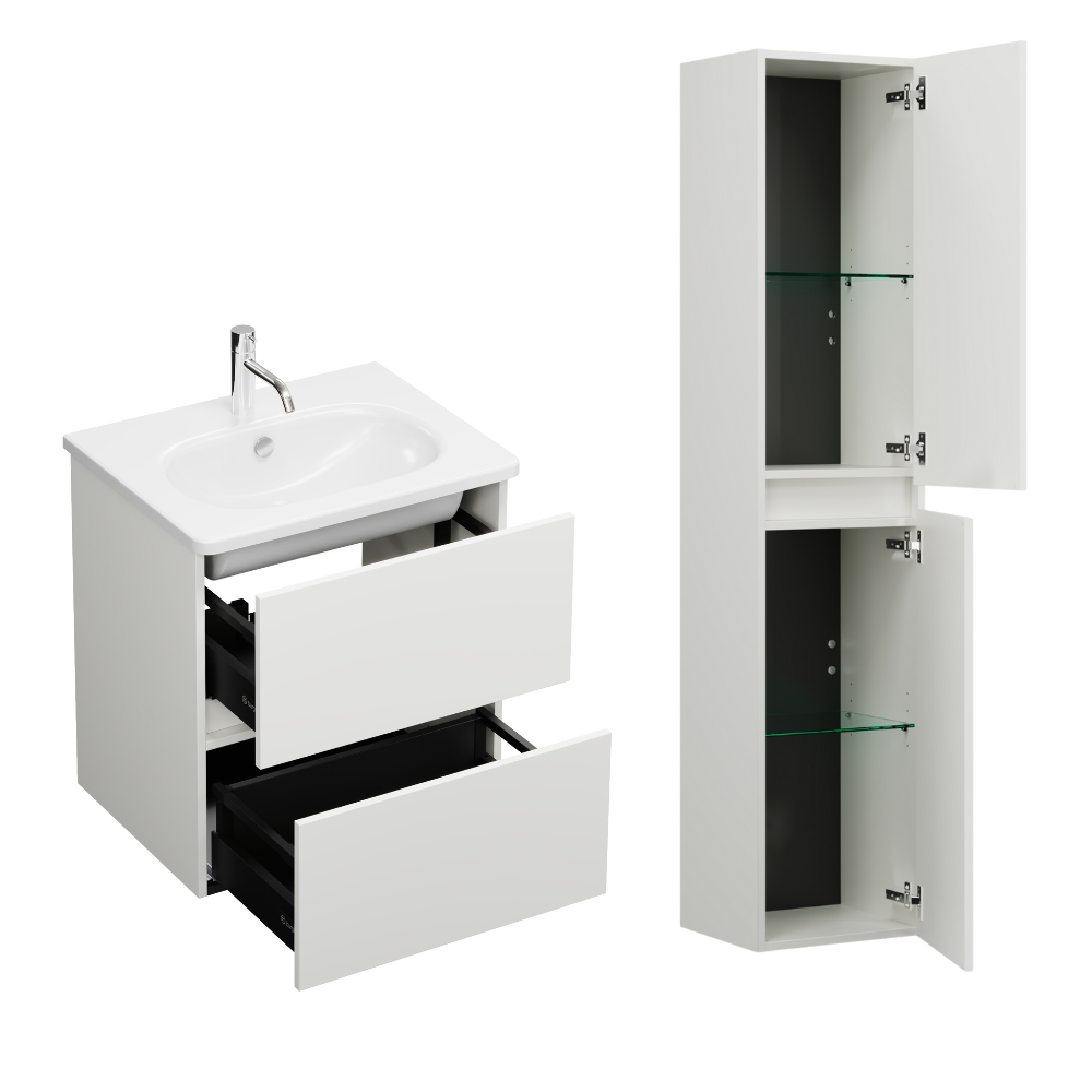 Pack meuble de salle de bain simple vasque BURGBAD Joline + colonne blanc ouvert 60 cm
