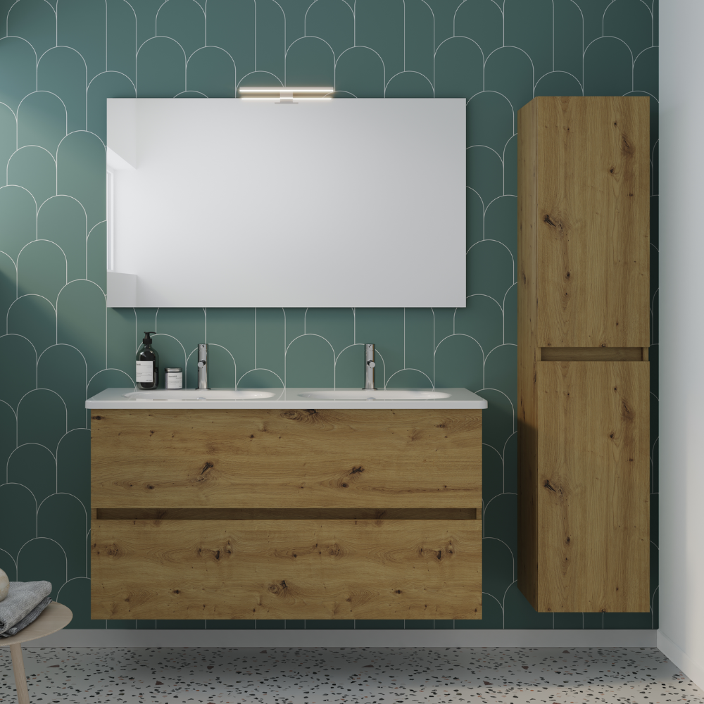 Pack meuble de salle de bain double vasque BURGBAD Joline + colonne ambiance chêne