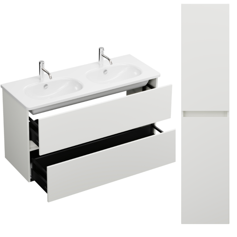 Pack meuble de salle de bain double vasque BURGBAD Joline + colonne blanc mat