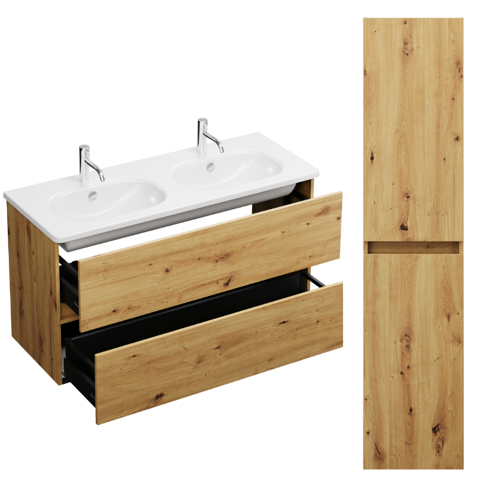 Pack meuble de salle de bain double vasque BURGBAD Joline + colonne chêne