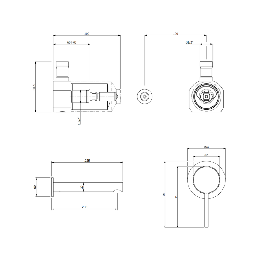 Schéma technique Mitigeur lavabo mural Villeroy et Boch Loop & Friends sans vidage Matt Black + Corps encastrable