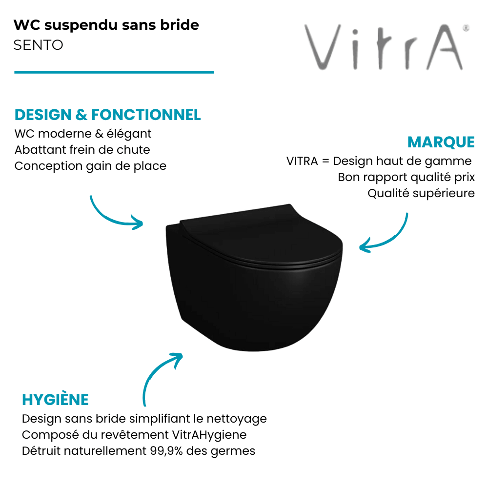 WC suspendu sans bride VITRA Sento taupe mat + abattant 7748B020-6156 | Batinea