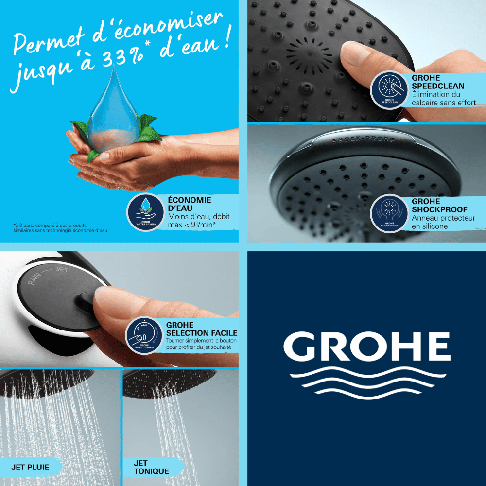 Mitigeur baignoire GROHE Grohtherm et douchette + barre de douche + porte savon GROHE Tempesta