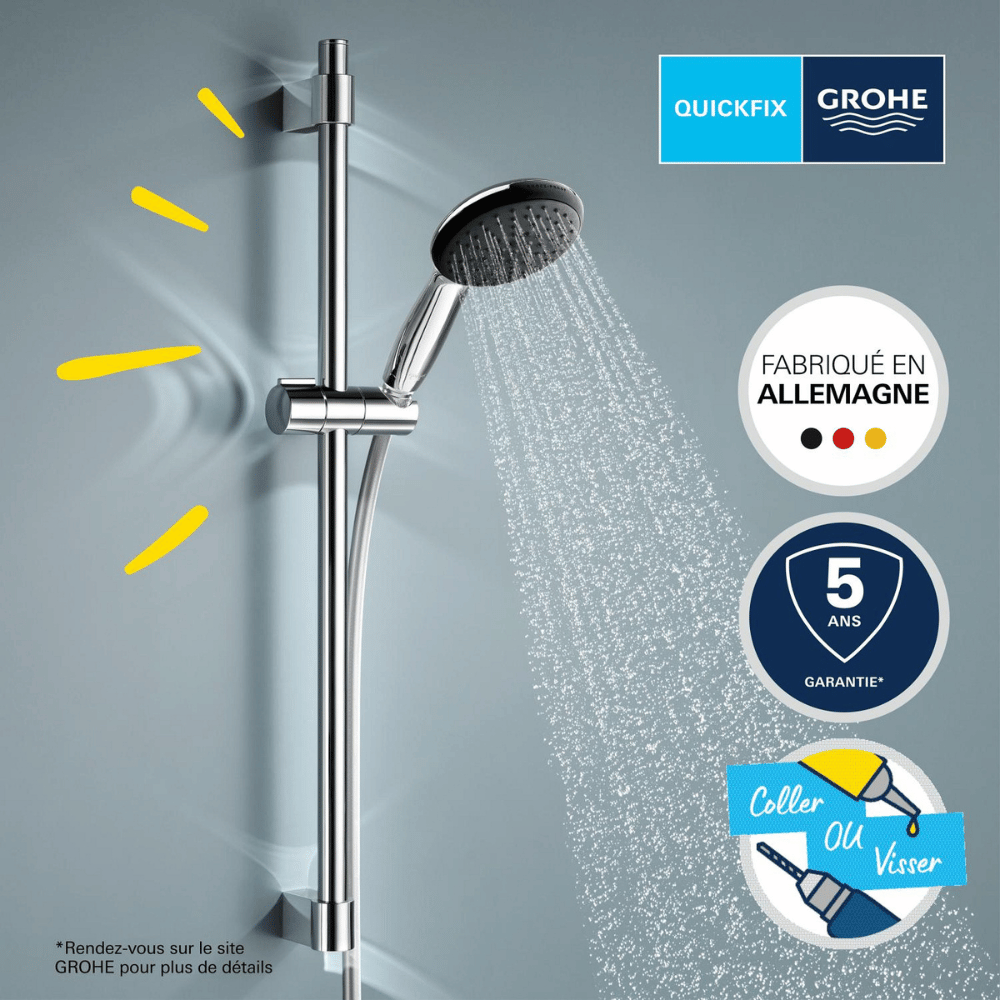 Mitigeur baignoire GROHE Grohtherm et douchette + barre de douche + porte savon GROHE Tempesta