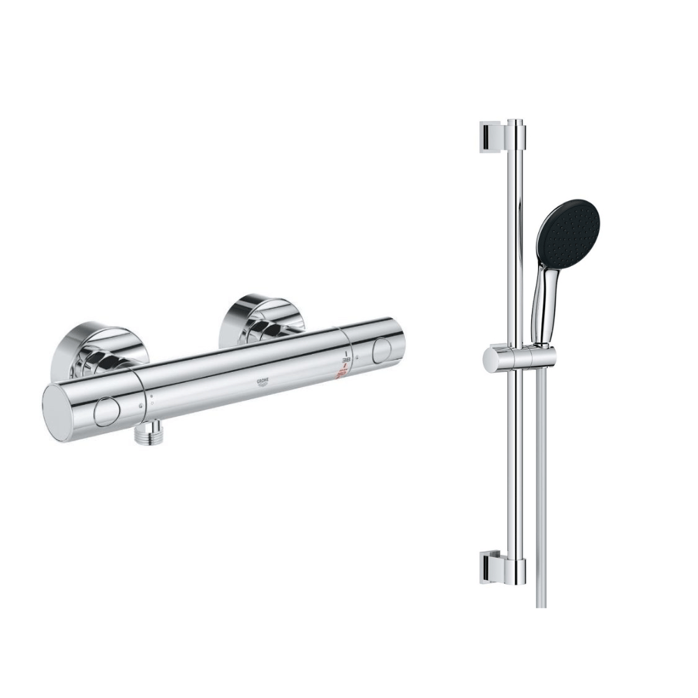 Le nouveau lot mitigeur thermostatique Grohtherm, barre de douche, porte savon et douchette Tempesta