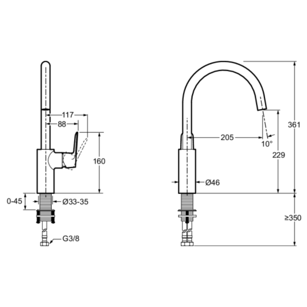 Robinet cuisine JACOB DELAFON July+ col de cygne et orientable