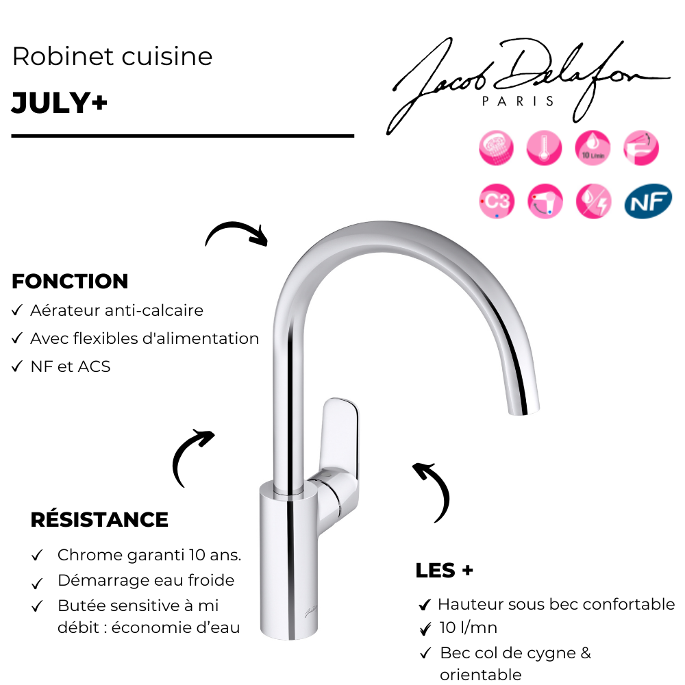 Robinet cuisine JACOB DELAFON July+ col de cygne et orientable