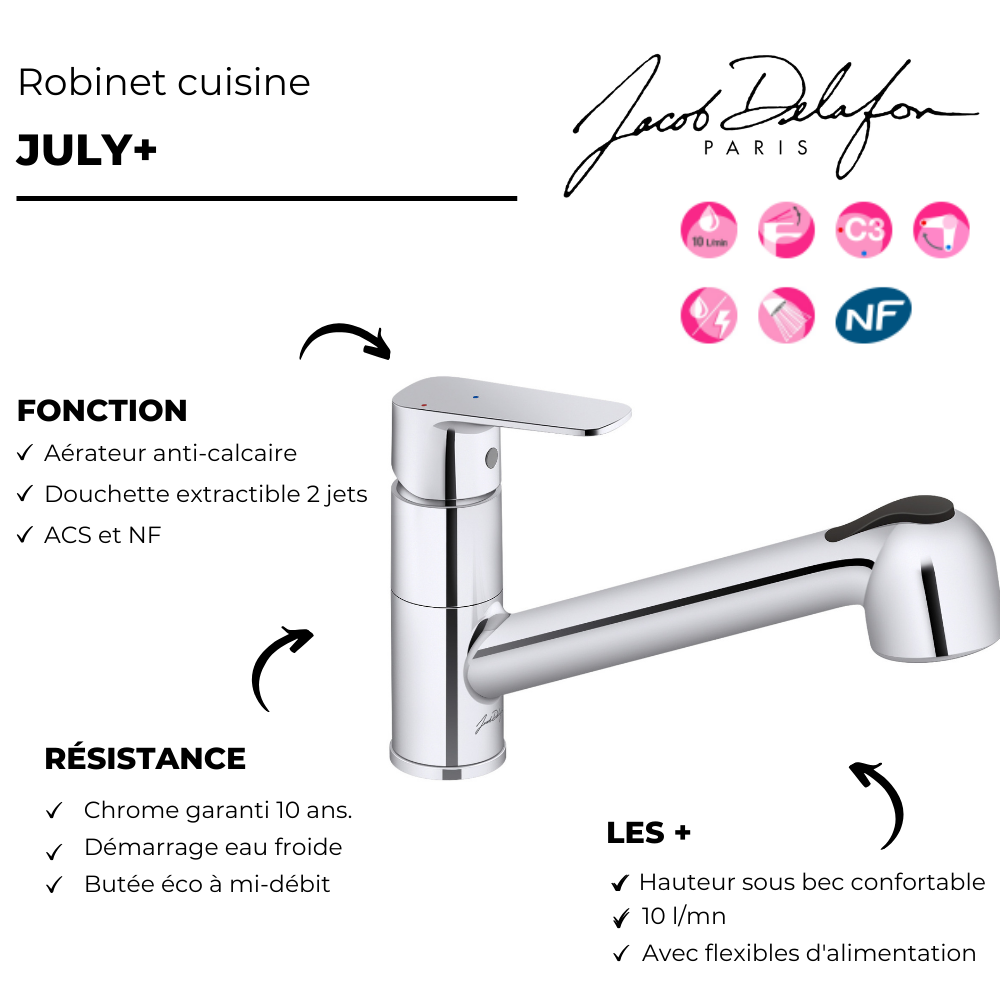 Robinet cuisine avec douchette extractible JACOB DELAFON July+ chromé