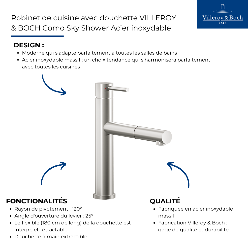 Points forts Robinet cuisine avec douchette VILLEROY & BOCH Como Sky Shower