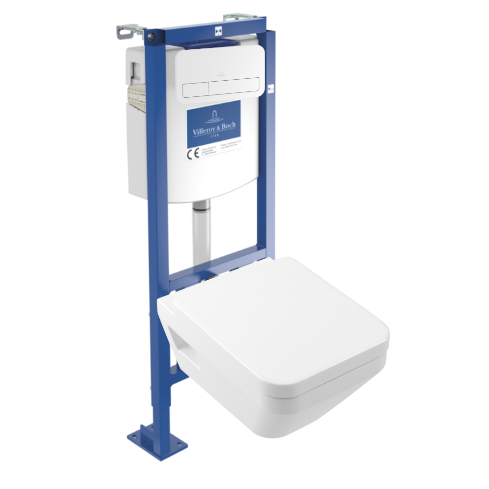 Pack WC suspendu sans bride Villeroy & Boch Architectura Twistflush [e³] rectangle + bati autoportant + plaque blanche