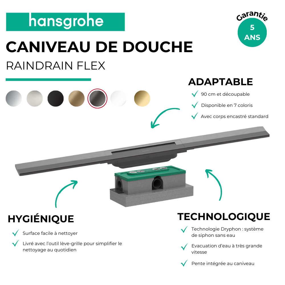 Caniveau de douche HANSGROHE RainDrain Flex 90 + Corps encastré | Batinea