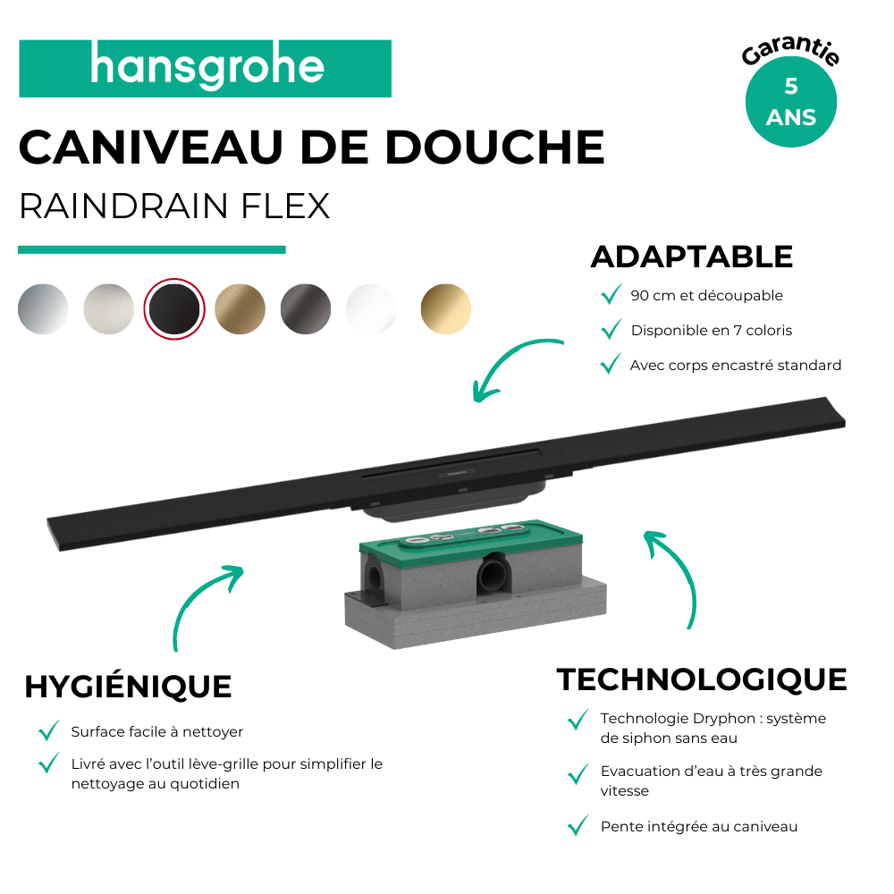Caniveau de douche HANSGROHE RainDrain Flex 90 + Corps encastré | Batinea