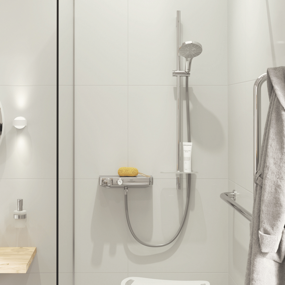Pommeau de douche GROHE Rainshower Smartactive 130 3 jets avec barre in situ