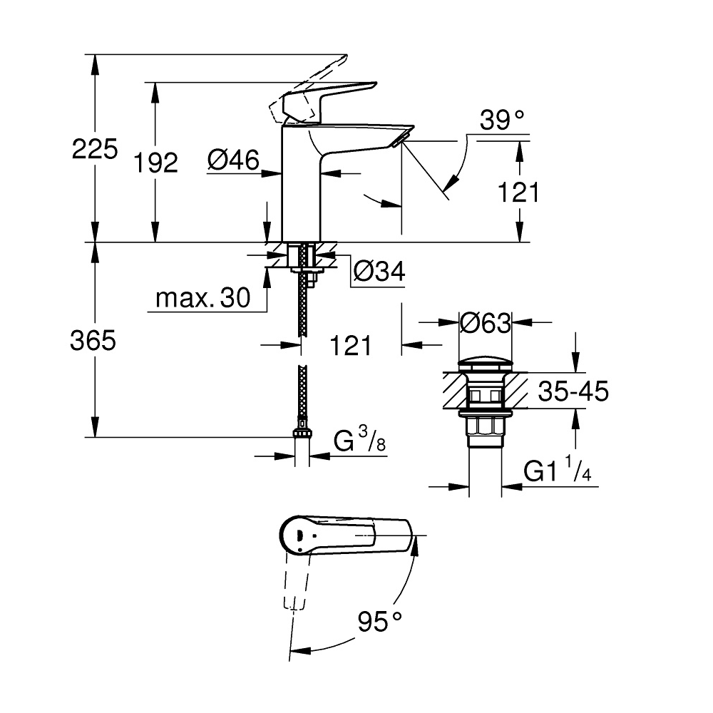 shéma technique du mitigeur lavabo M GROHE Start avec ouverture froide Noir