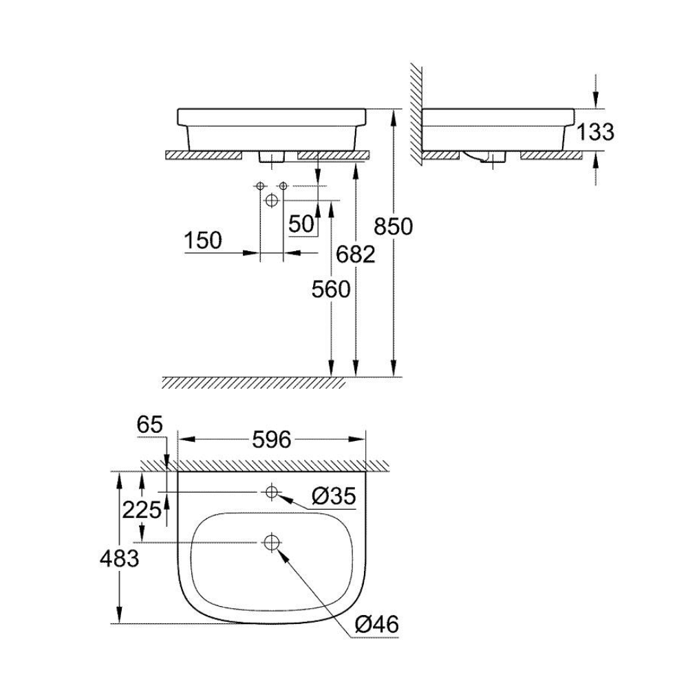 schéma technique Vasque à poser GROHE Euro Ceramic 60cm