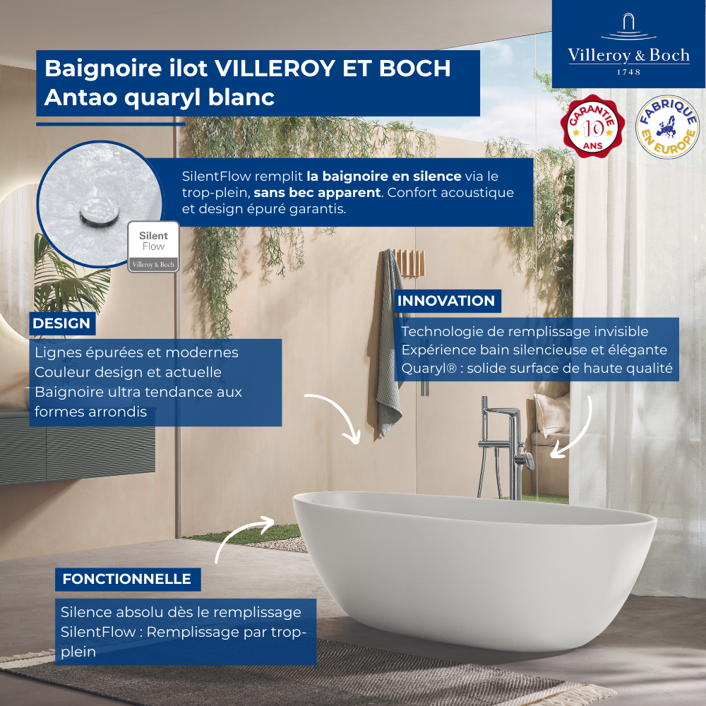 Points forts Baignoire ilot VILLEROY ET BOCH Antao quaryl blanc
