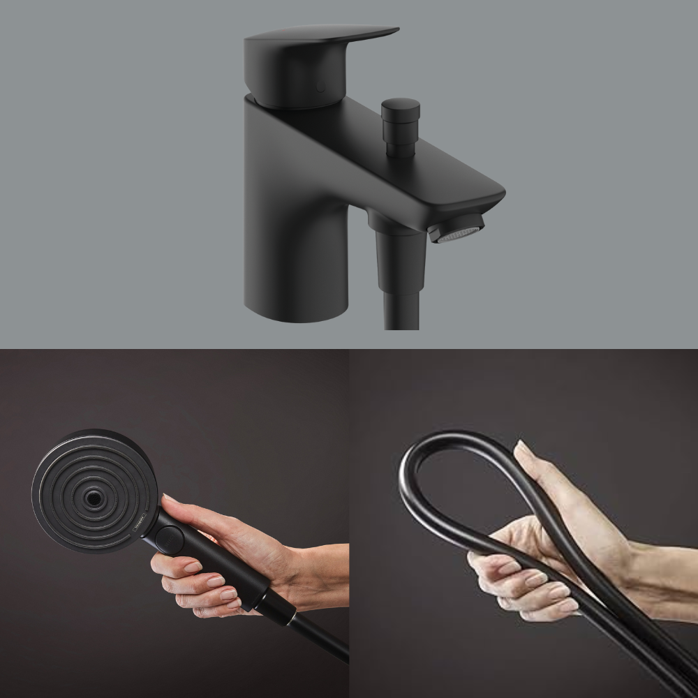 Mitigeur baignoire mécanique HANSGROHE Logis C2 + pack pommeau Pulsify Select 3 jets EcoSmart + flexible Isiflex 160 cm noir mat