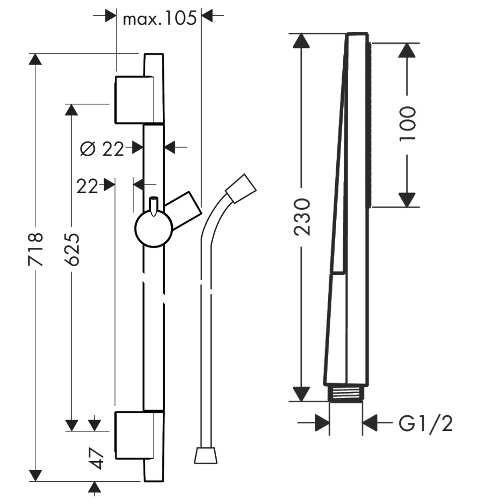 Schéma technique Ensemble barre de douche HANSGROHE Unica S Puro + Flexible + Pommeau de douche Pulsify E Bronze Brossé