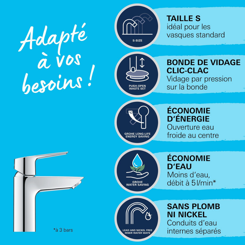 points forts  Lot de 2 mitigeurs lavabo GROHE Start taille S avec vidage Push-Open