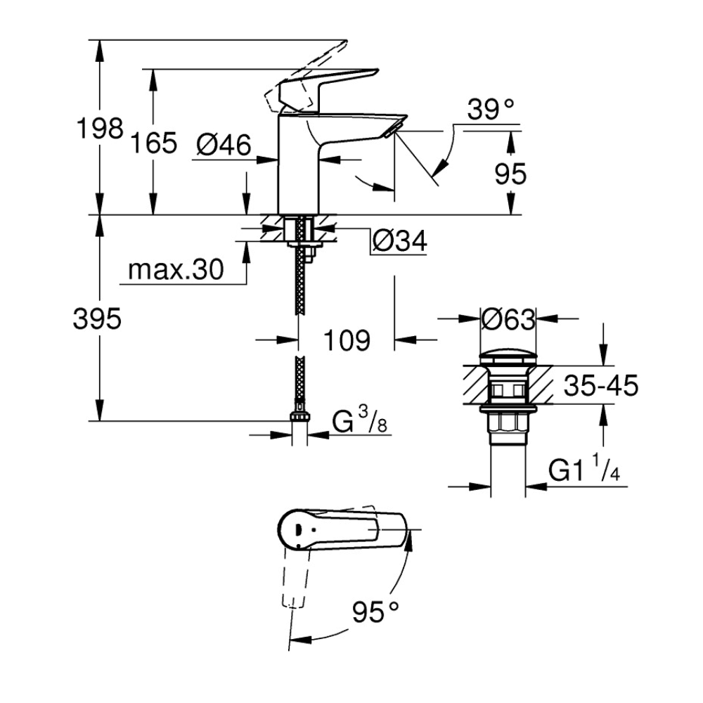 dimensions  Lot de 2 mitigeurs lavabo GROHE Start taille S avec vidage Push-Open