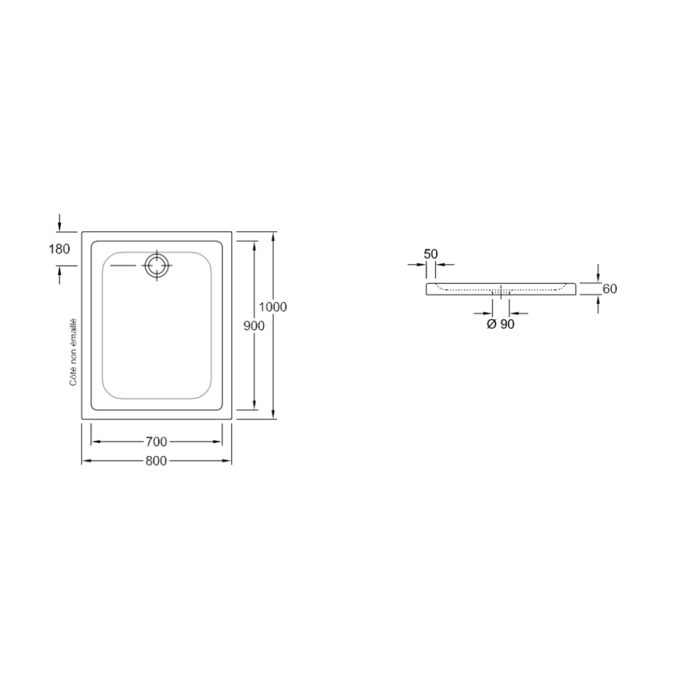 Schéma technique Receveur de douche antidérapant 100 x 80 VILLEROY ET BOCH O.Novo Plus céramique blanc