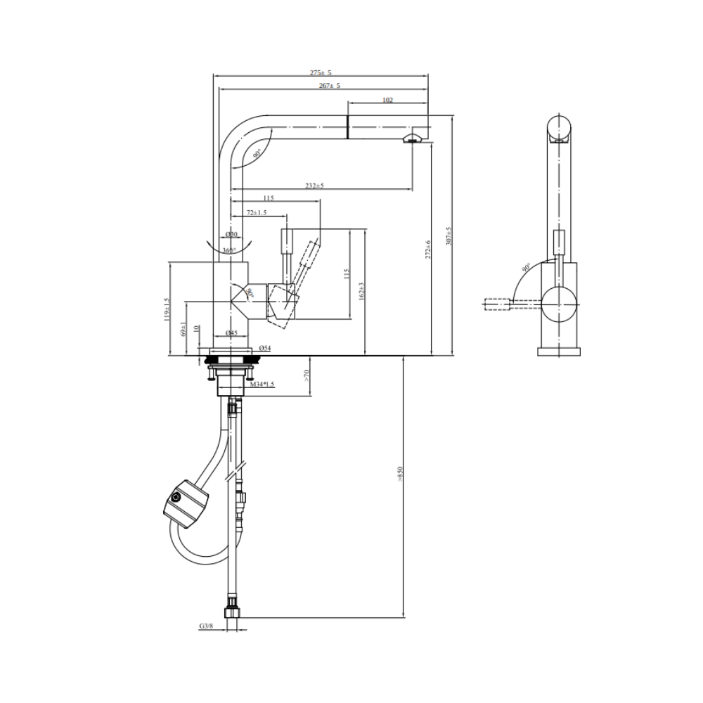 Schéma technique Robinet cuisine avec douchette VILLEROY ET BOCH Steel Shower window noir mat