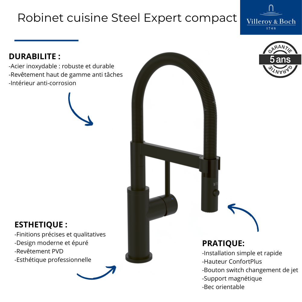 Points forts Robinet cuisine semi-pro VILLEROY ET BOCH Steel Expert Compact Window noir mat
