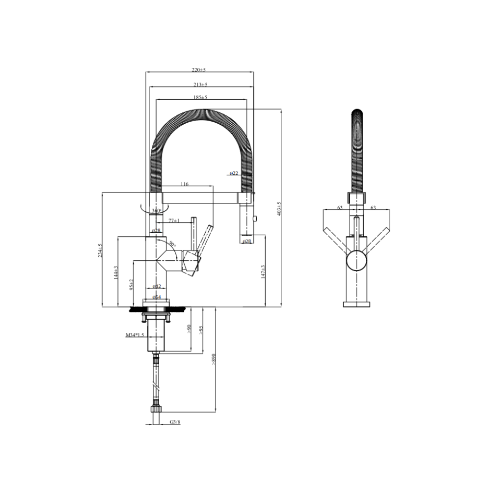 Schéma technique Robinet cuisine semi-pro VILLEROY ET BOCH Steel Expert Compact Window noir mat