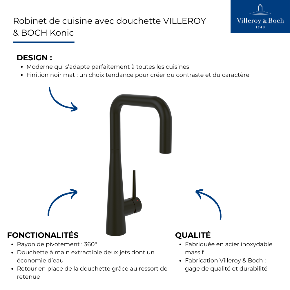 Points forts Robinet de cuisine avec douchette VILLEROY & BOCH Konic Noir mat