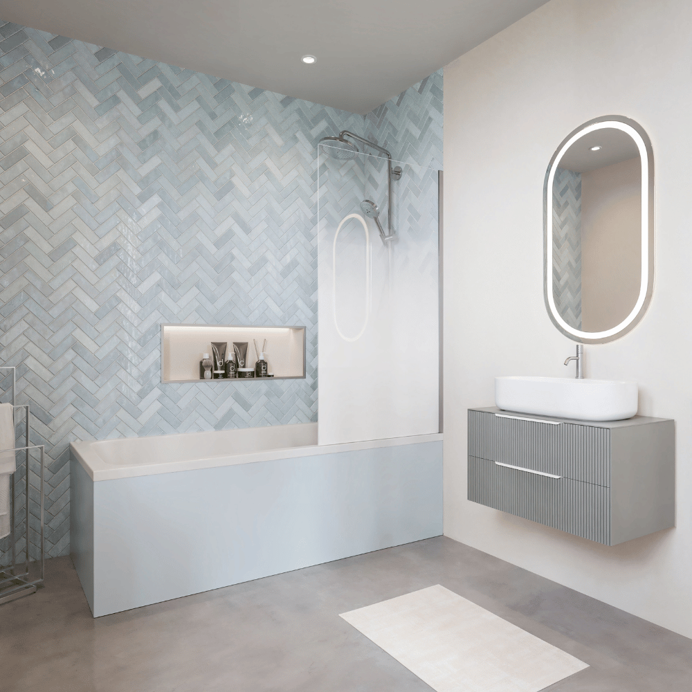 Baignoire droite DURAVIT D-Neo vidage centré + Pare bain  AURYS Mist 1 chromé version droite dans salle de bain moderne