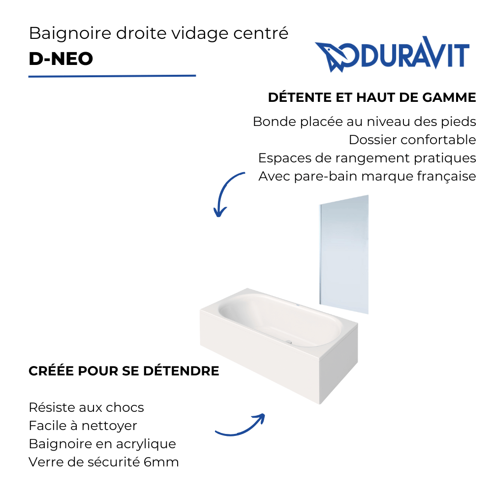 avantages du pack baignoire droite DURAVIT D-Neo vidage centré + Pare bain  AURYS Mist 1 chromé