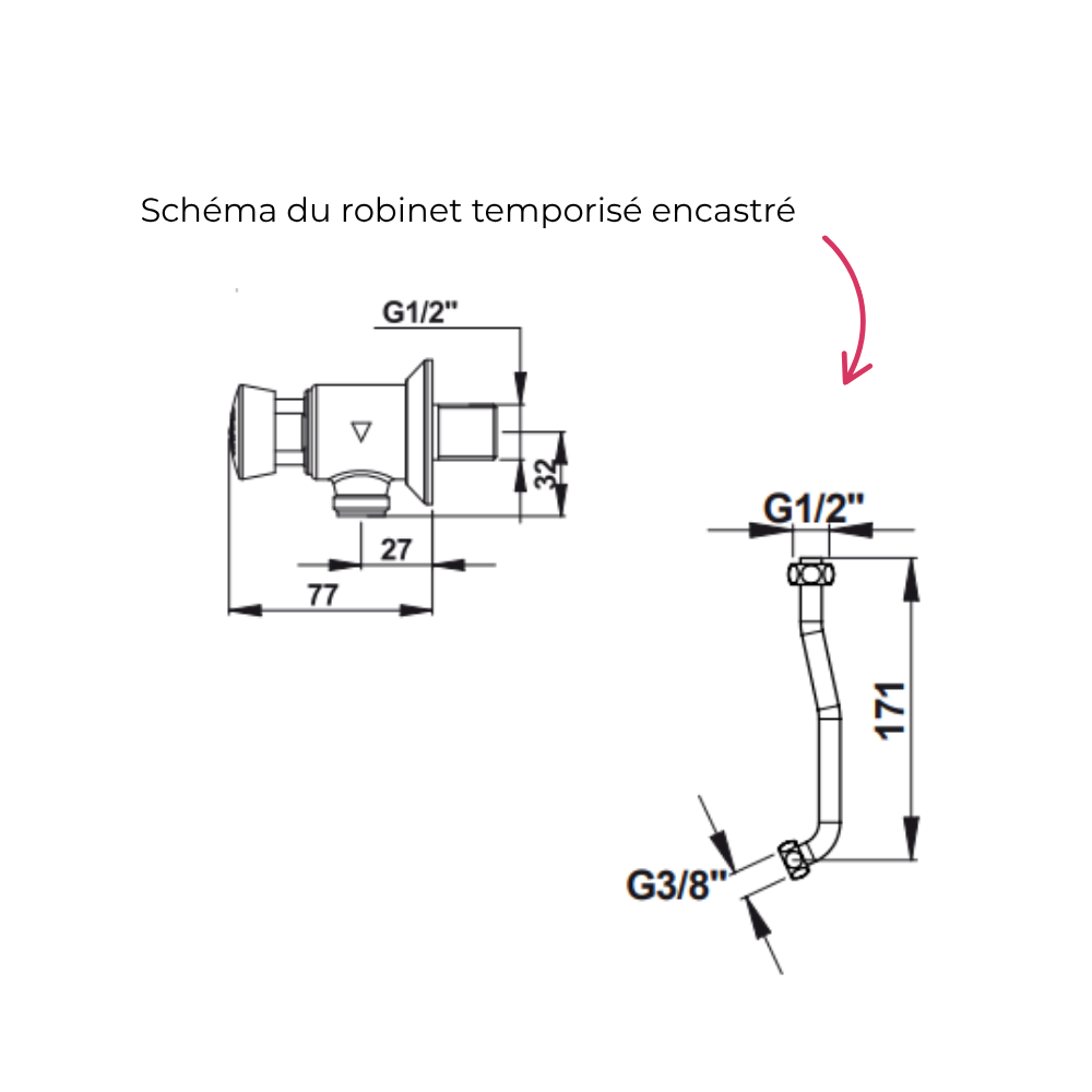 Schéma du robinet temporisé encastré pour urinoir JACOB DELAFON Coquille