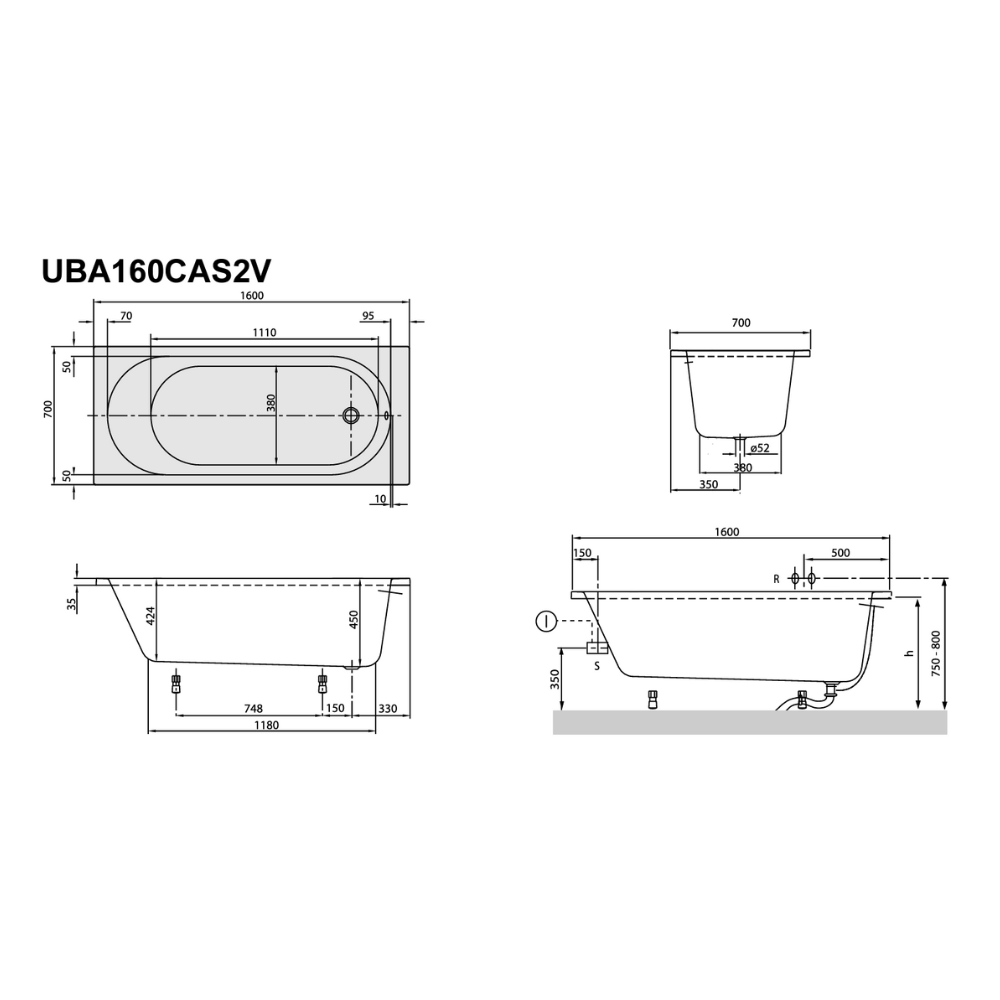 Schéma technique Baignoire droite VILLEROY & BOCH O.Novo 160x70cm Blanc